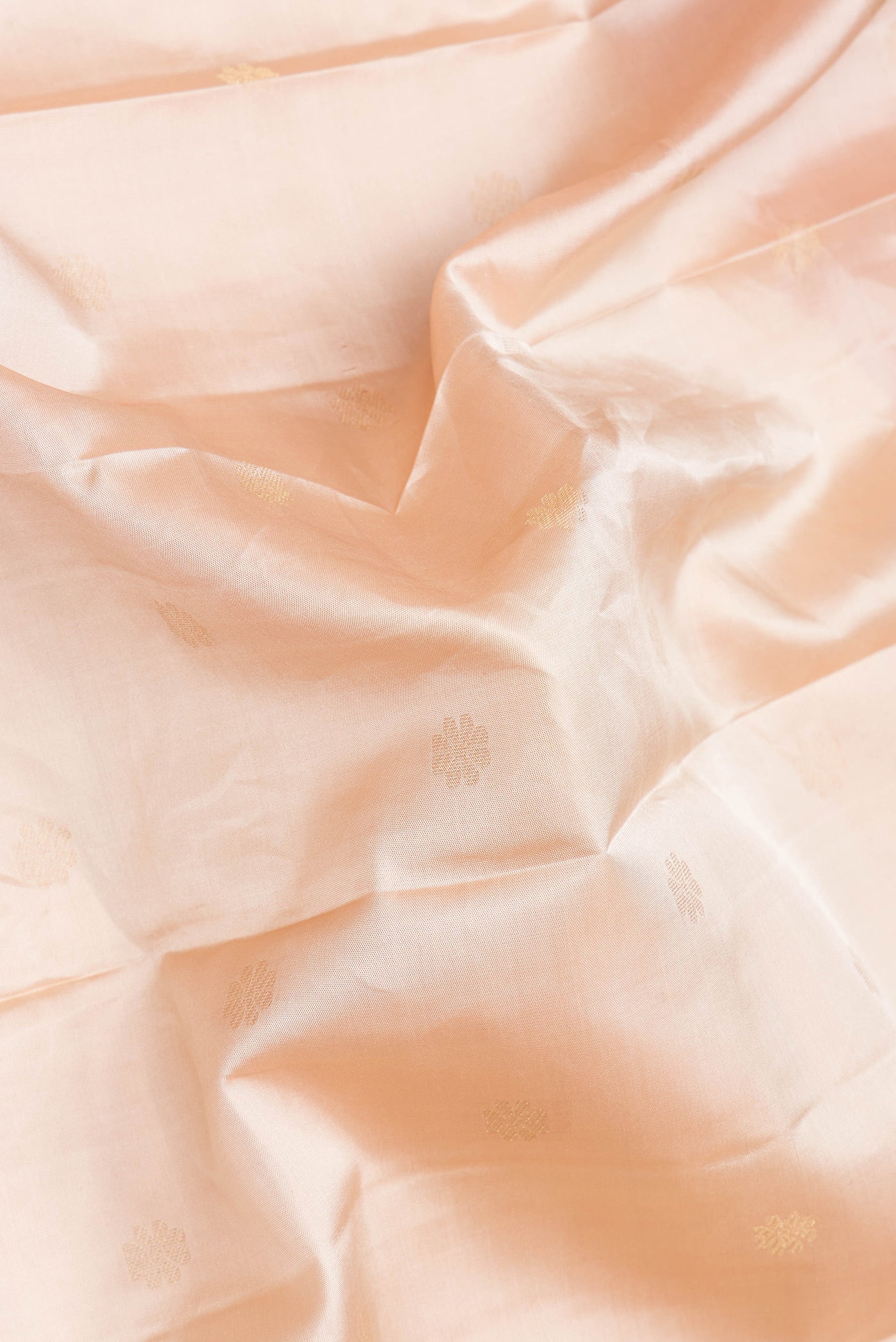 Close up of Beige Dual Tone Kanjivaram Silk Saree with Zari Butta on the body and Zari Border.  displaying folds