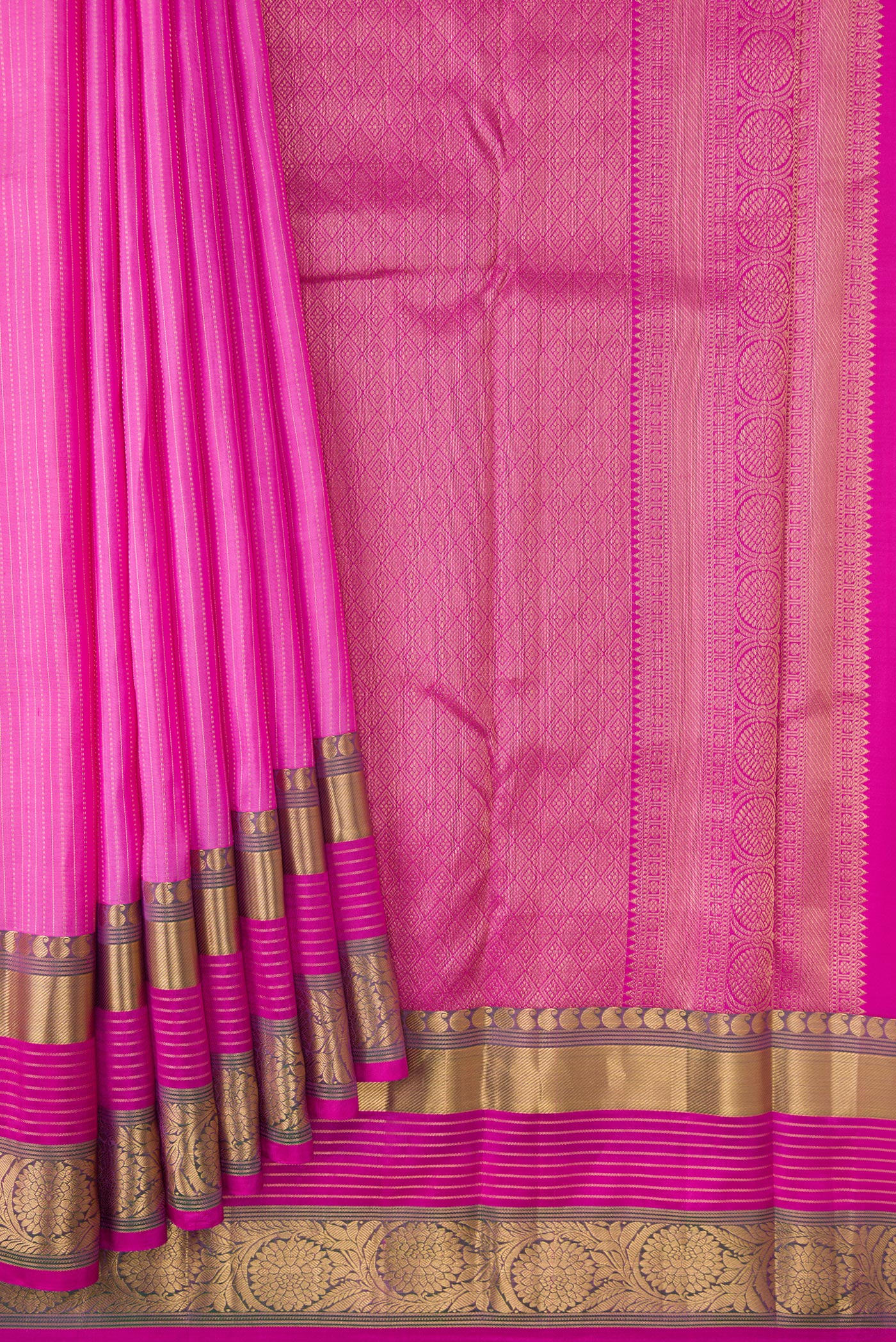 Pleats and pallu of Pink Dual Tone Kanjivaram Silk Saree with Stripes on the body and Zari Border. 