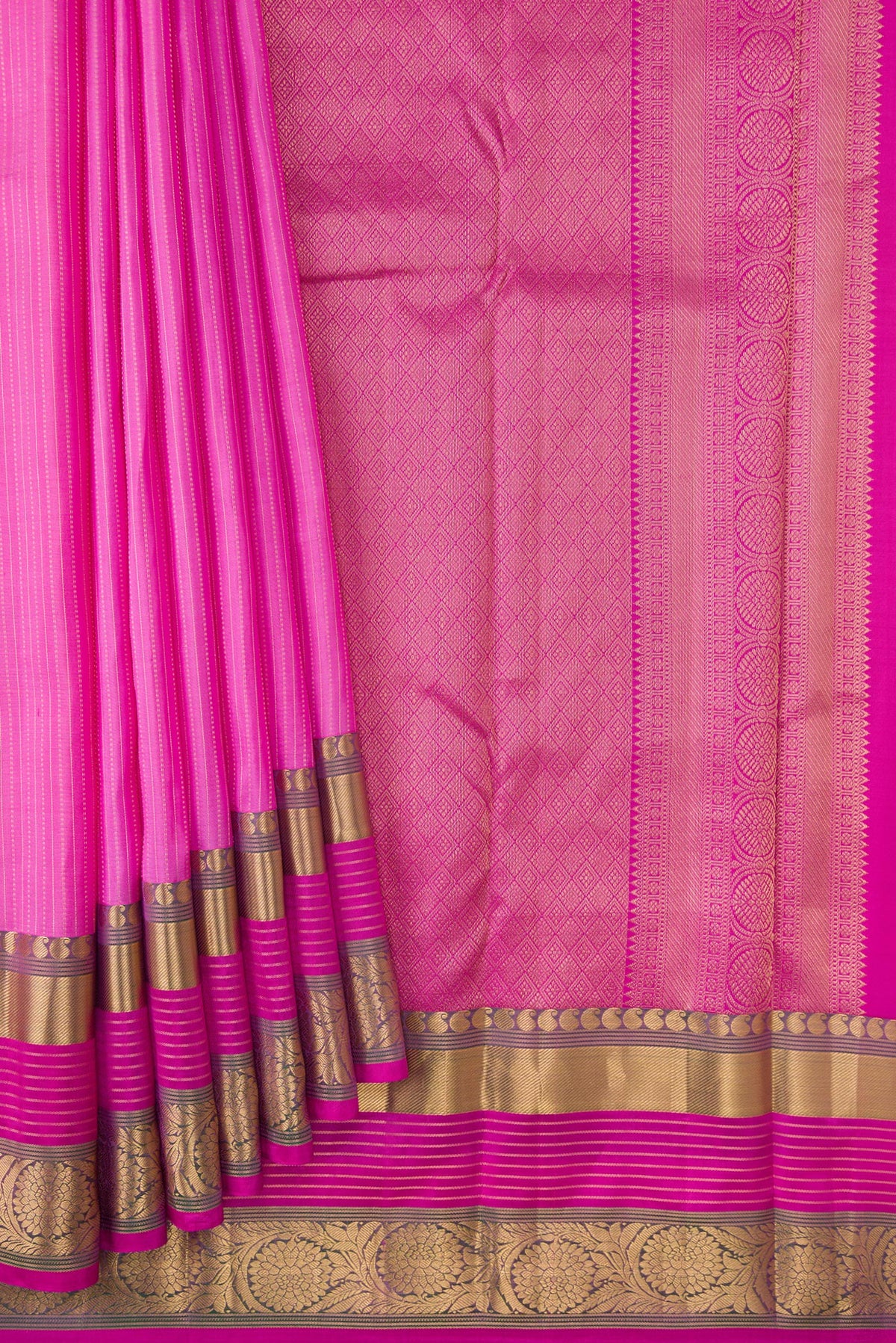 Pleats and pallu of Pink Dual Tone Kanjivaram Silk Saree with Stripes on the body and Zari Border. 