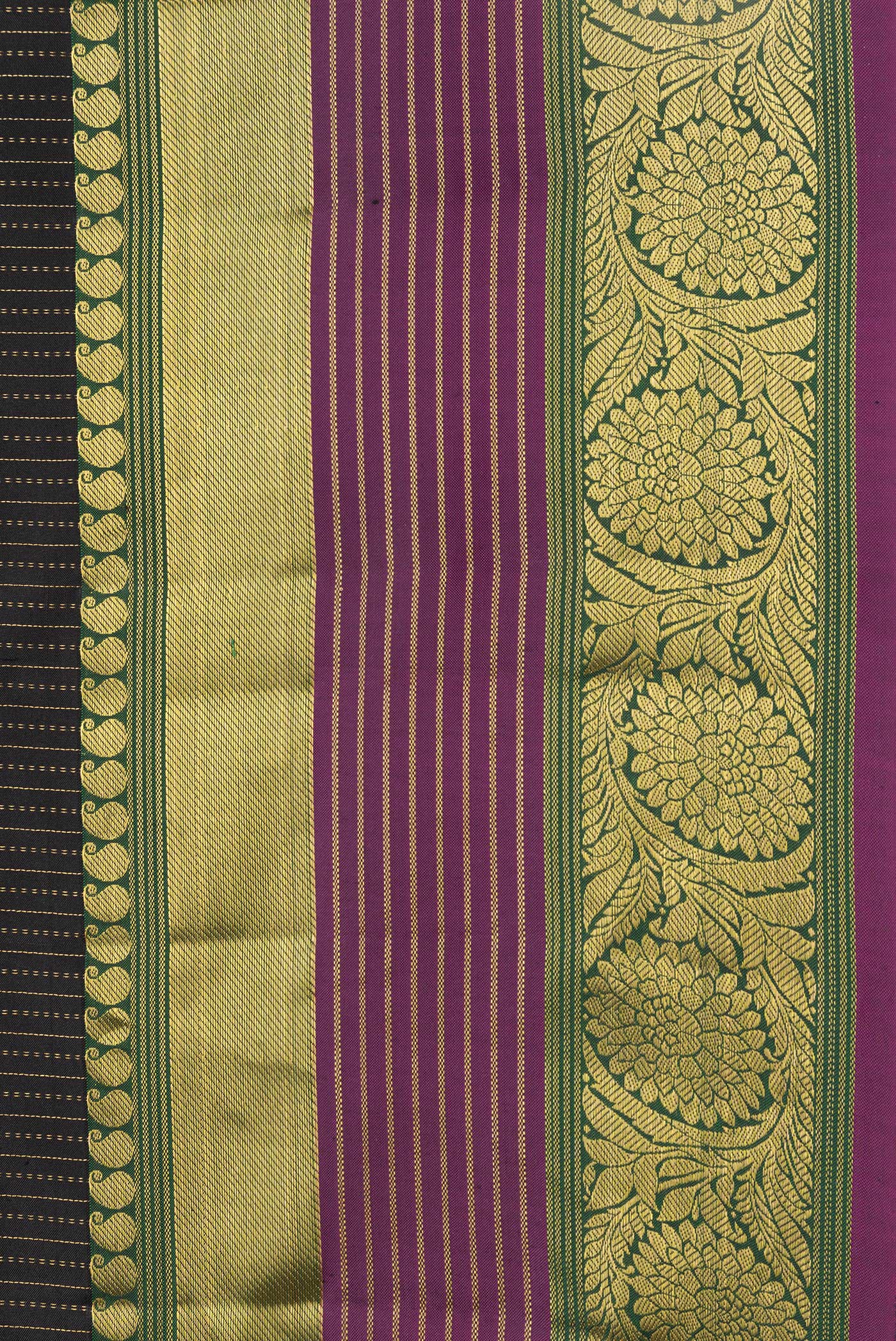 Border image of Black Dual Tone Kanjivaram Silk Saree with Stripes on the body and Zari Border. 