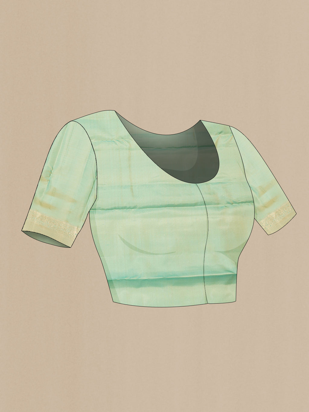 Close up image of the blouse of Sea Green Dual Tone Kanjivaram Silk Saree with Stripes on the body and Zari Border. 