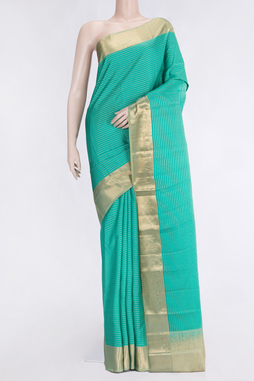 Sea Green Dual Tone Kanjivaram Silk Saree with Stripes on the body and Zari Border.  displayed on a mannequin