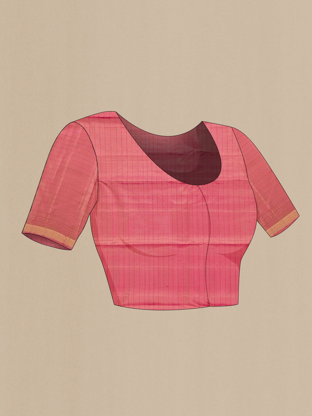 Close up image of the blouse of Pink Dual Tone Kanchipuram Silk Saree with Stripes on the body and Zari Border. 