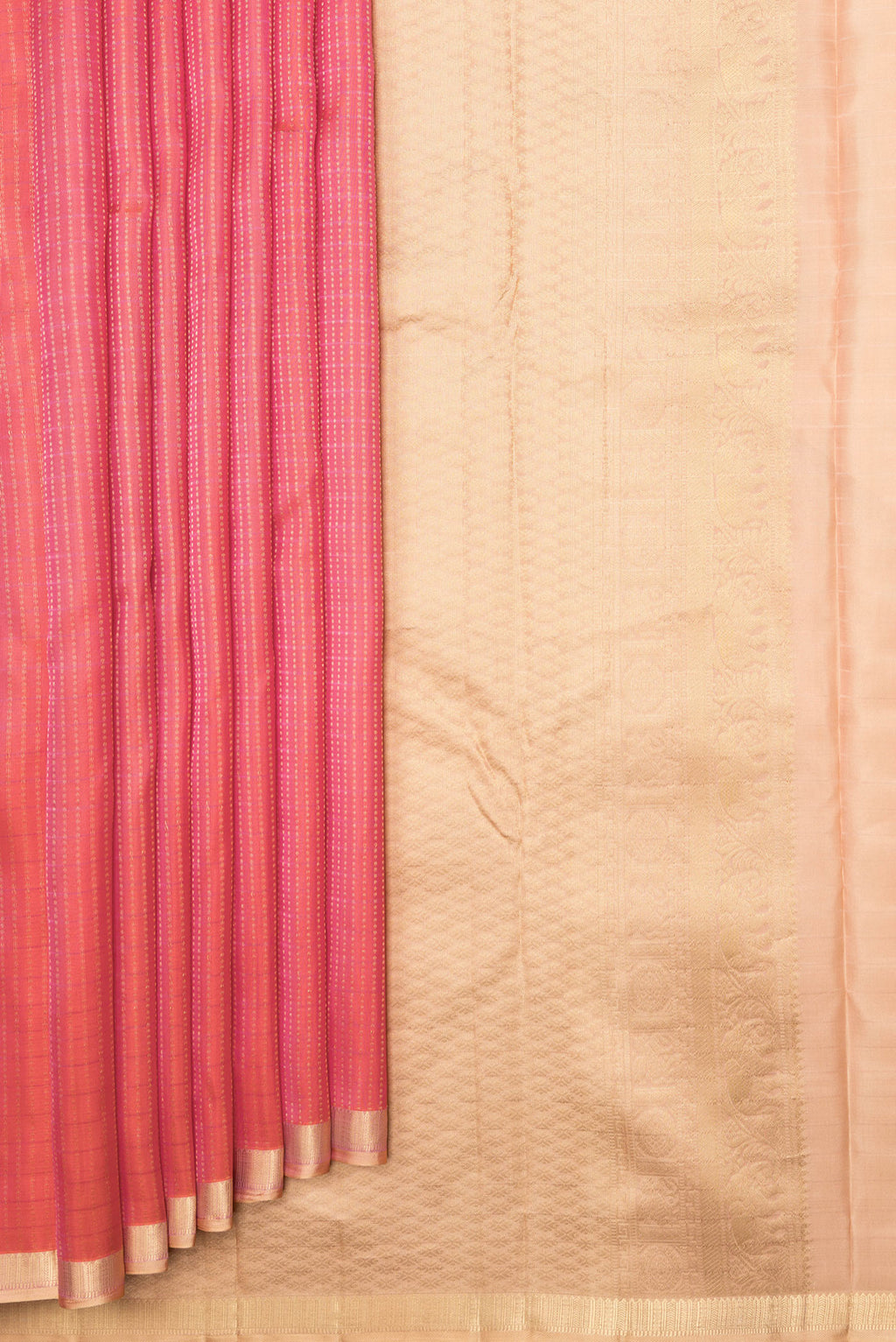 Pleats and pallu of Peach Dual Tone Kanchipuram Silk Saree with Stripes on the body and Zari Border. 