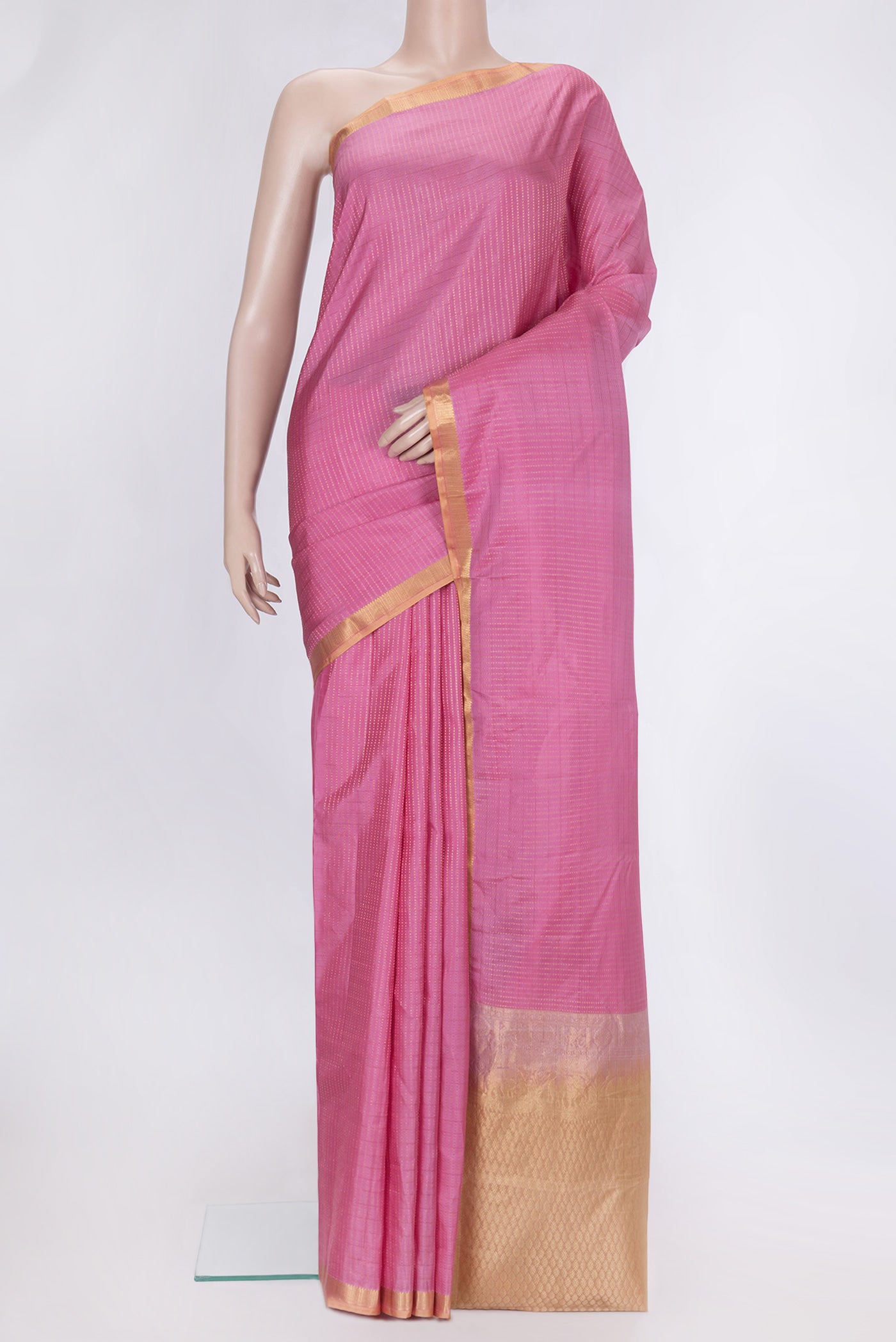 Pink Dual Tone Kanchipuram Silk Saree with Stripes on the body and Zari Border.  displayed on a mannequin