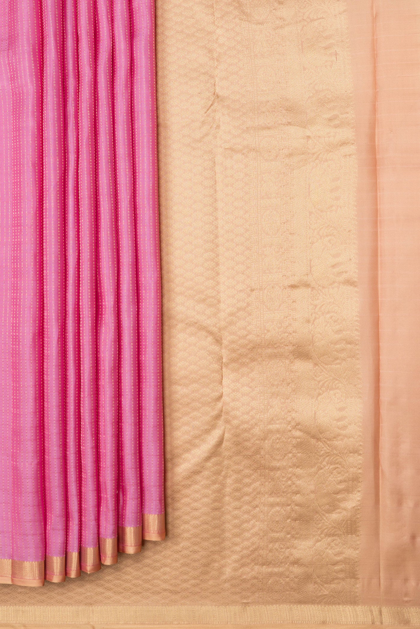 Pleats and pallu of Pink Dual Tone Kanchipuram Silk Saree with Stripes on the body and Zari Border. 