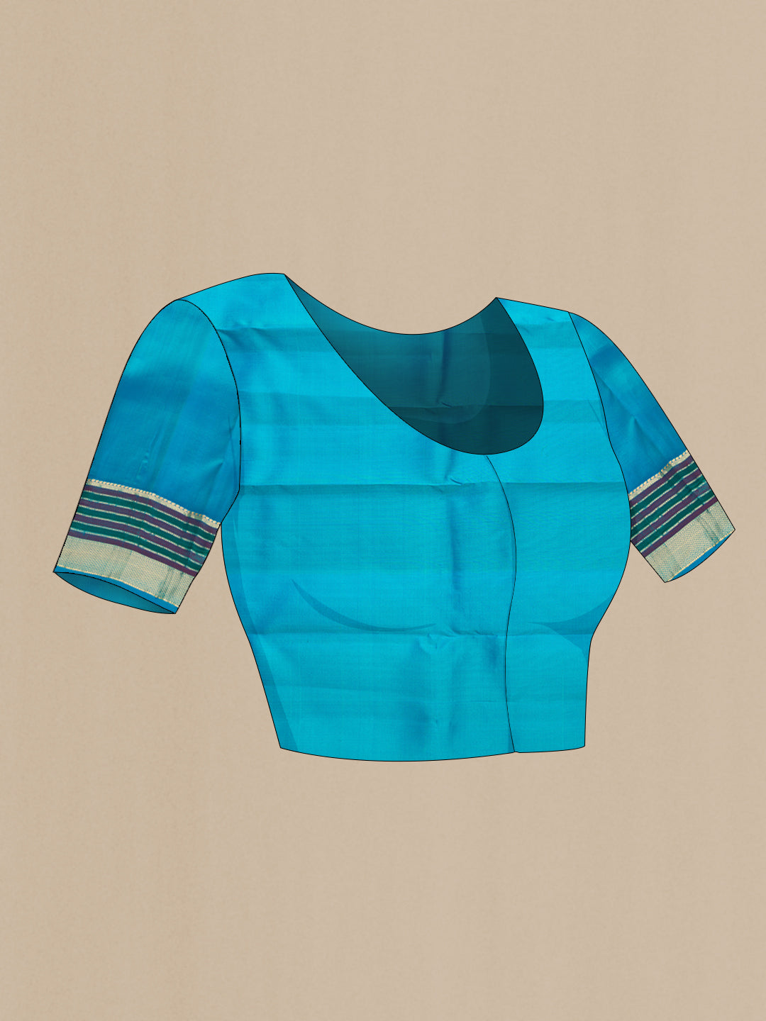 Close up image of the blouse of Sea Green Dual Tone Kanchipuram Silk Saree with Zari Butta on the body and Zari And Thread Border. 