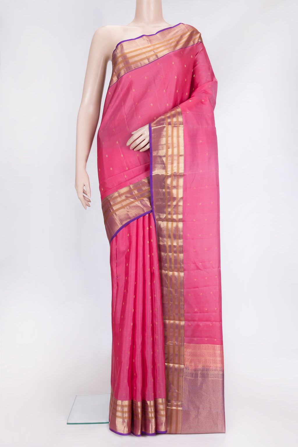 Pink Dual Tone Kanchipuram Silk Saree with Zari Butta on the body and Zari Border.  displayed on a mannequin