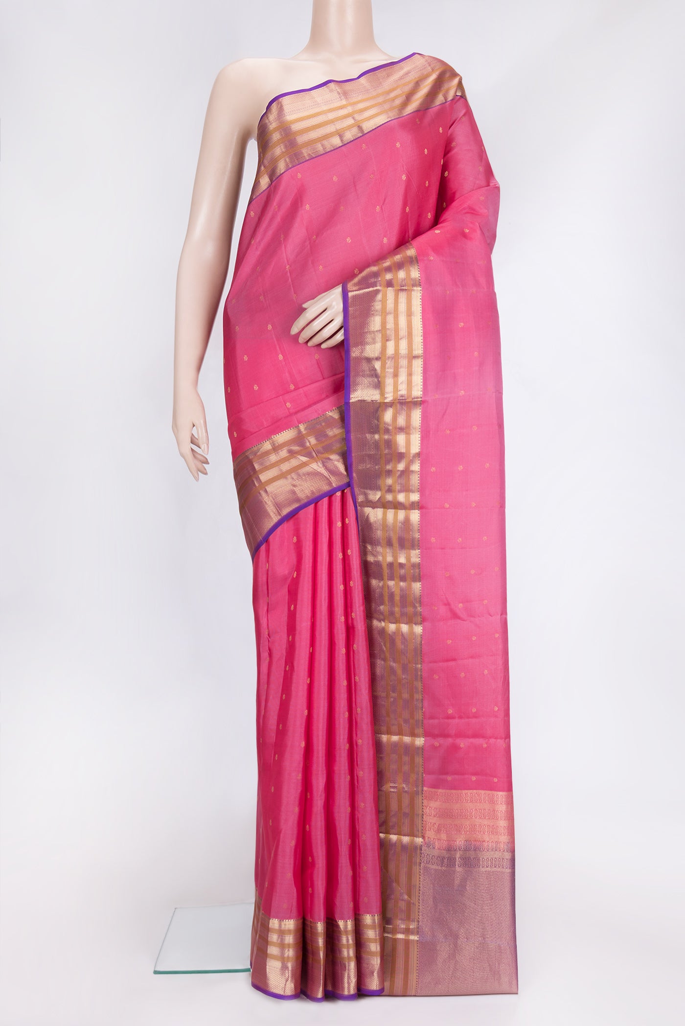 Pink Dual Tone Kanchipuram Silk Saree with Zari Butta on the body and Zari Border.  displayed on a mannequin