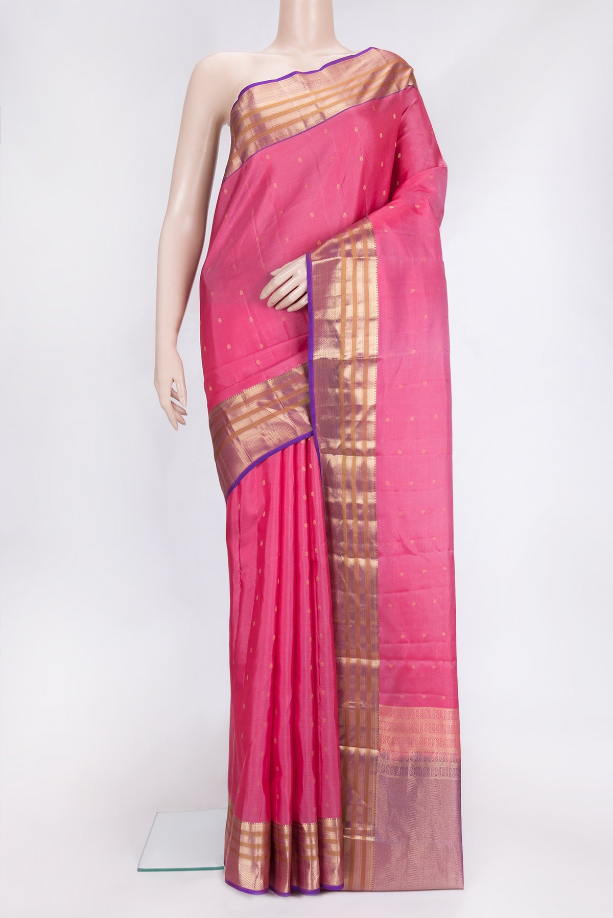Pink Dual Tone Kanchipuram Silk Saree with Zari Butta on the body and Zari Border.  displayed on a mannequin