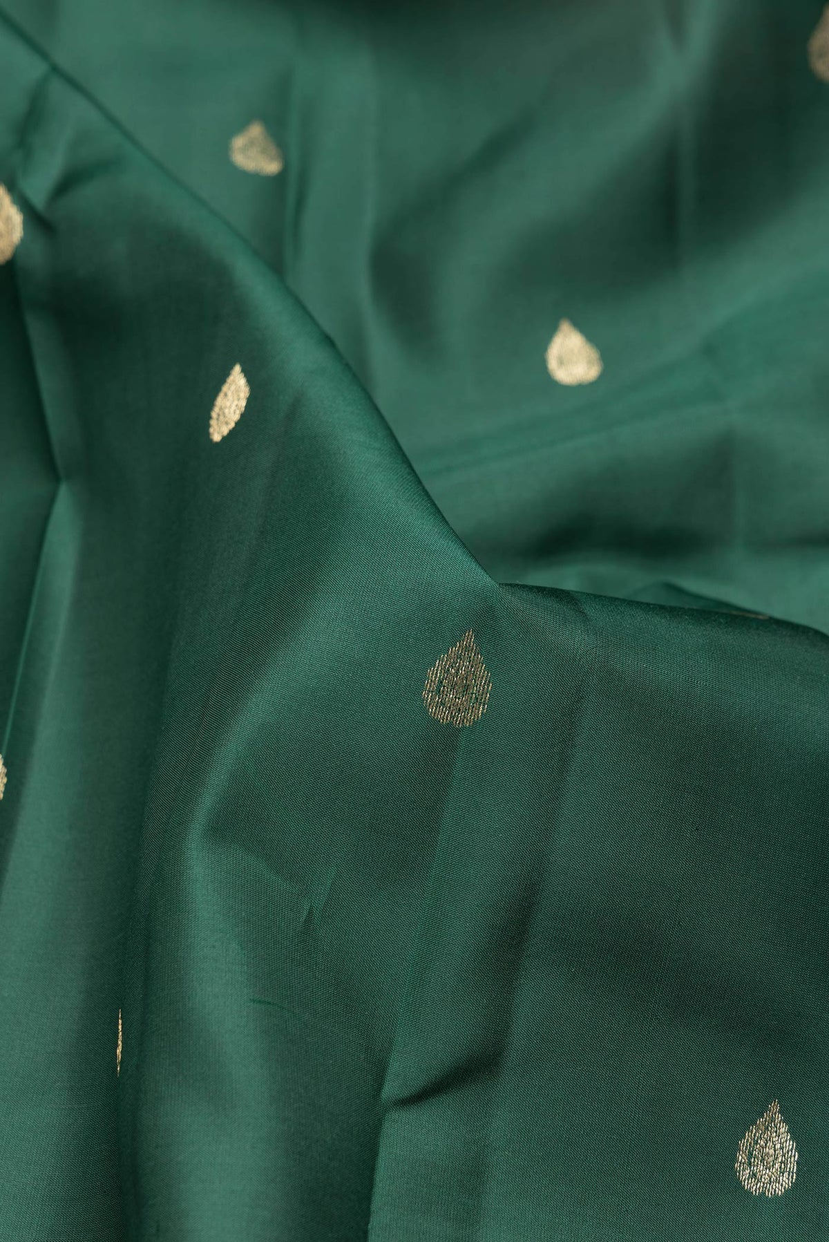 Close up of Green Dual Tone Kanchipuram Silk Saree with Zari Butta on the body and Zari Border.  displaying folds