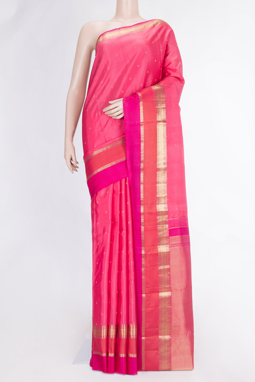 Pink Dual Tone Kanchipuram Silk Saree with Zari Butta on the body and Zari Border.  displayed on a mannequin