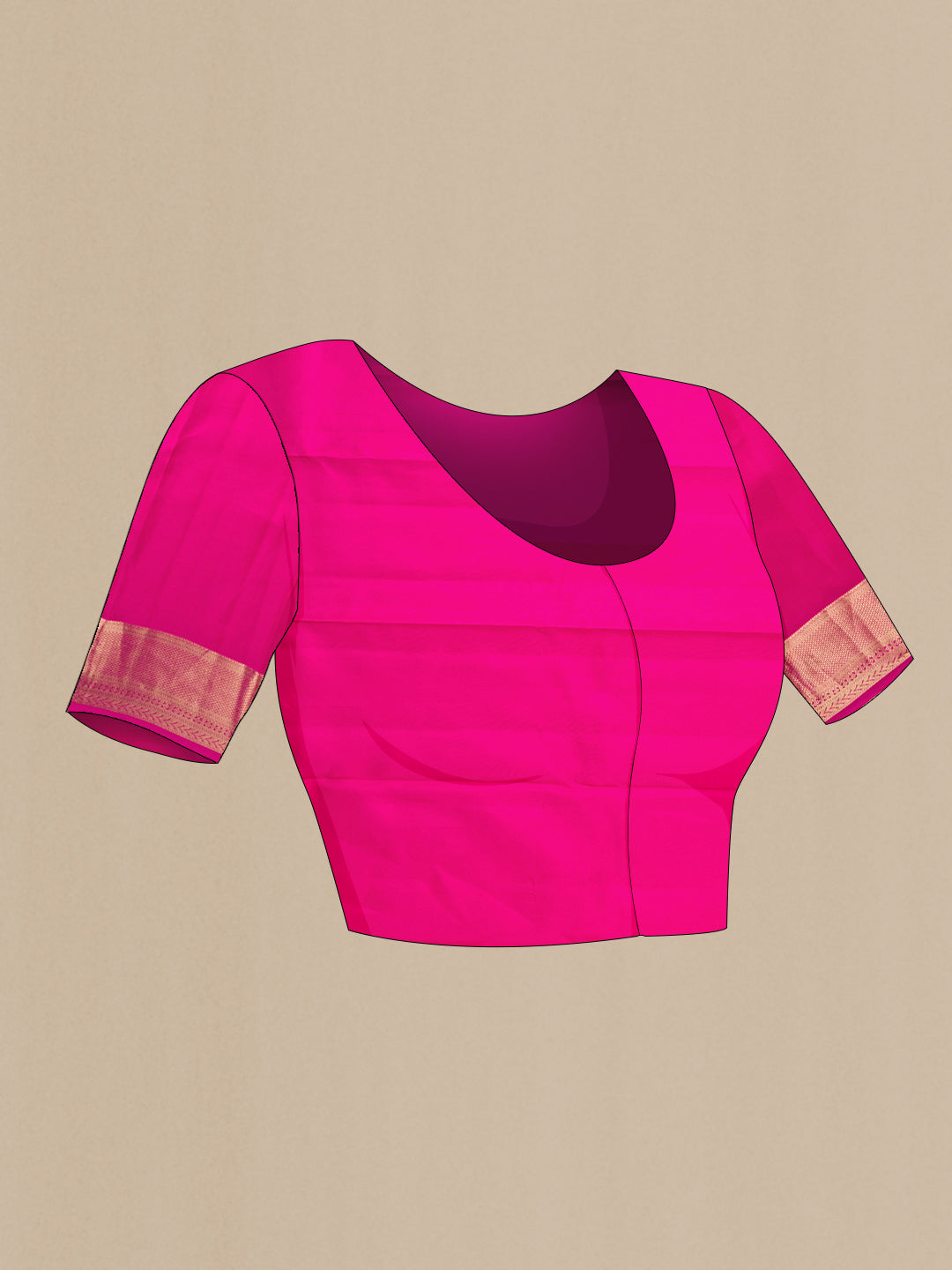Close up image of the blouse of Coral Dual Tone Kanchipuram Silk Saree with Zari Butta on the body and Zari Border. 