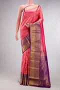 Pink Kanjivaram Silk Saree with Zari Brocade on the body and Zari Border.  displayed on a mannequin