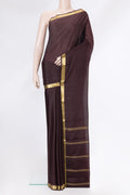 Coffee Brown Dual Tone Mysore Silk Saree with Plain Body and Zari Border.  displayed on a mannequin