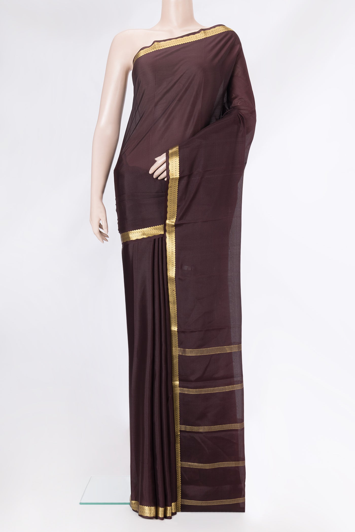 Coffee Brown Dual Tone Mysore Silk Saree with Plain Body and Zari Border.  displayed on a mannequin