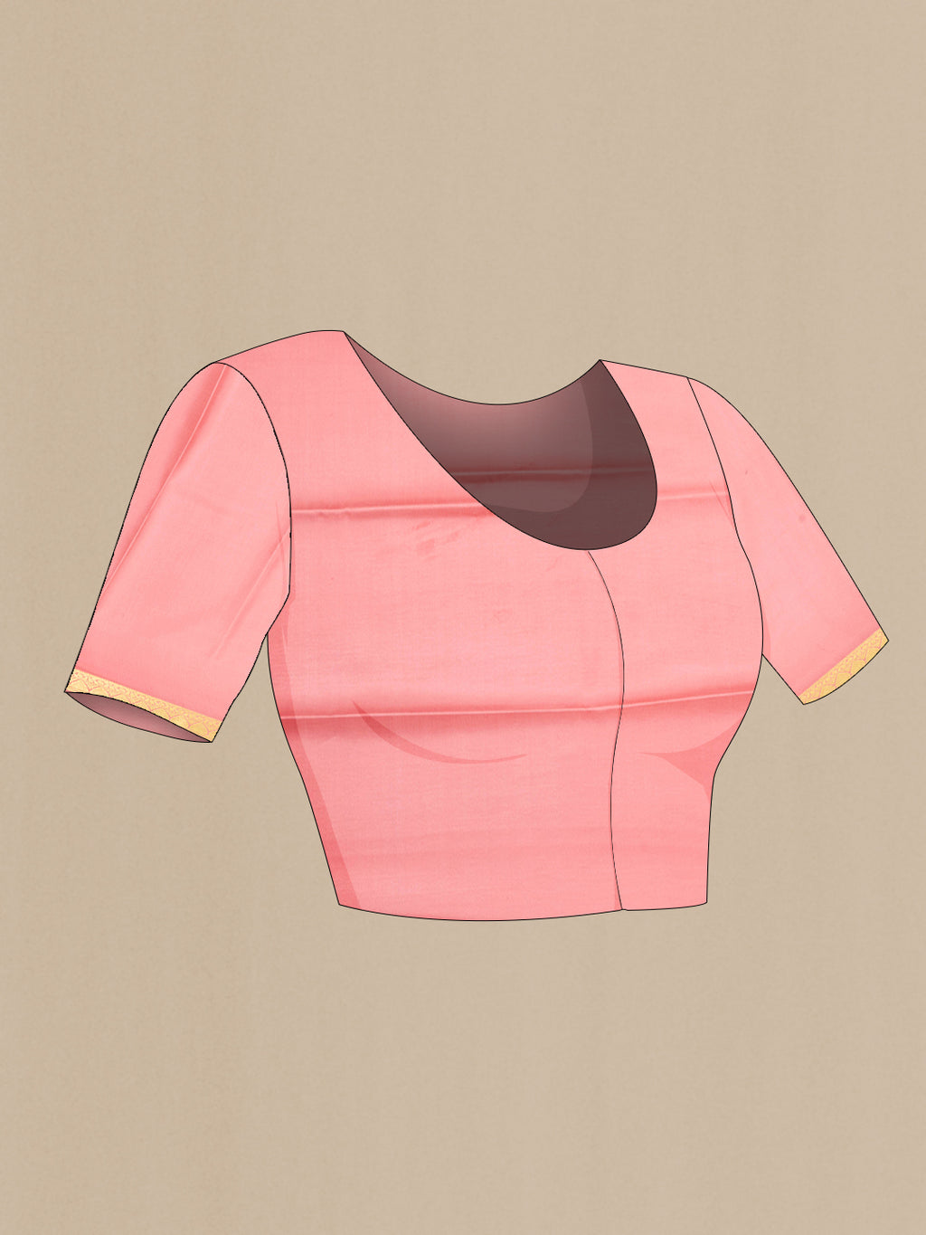 Close up image of the blouse of Peach Mysore Crepe Saree with Plain Body and Zari Border. 
