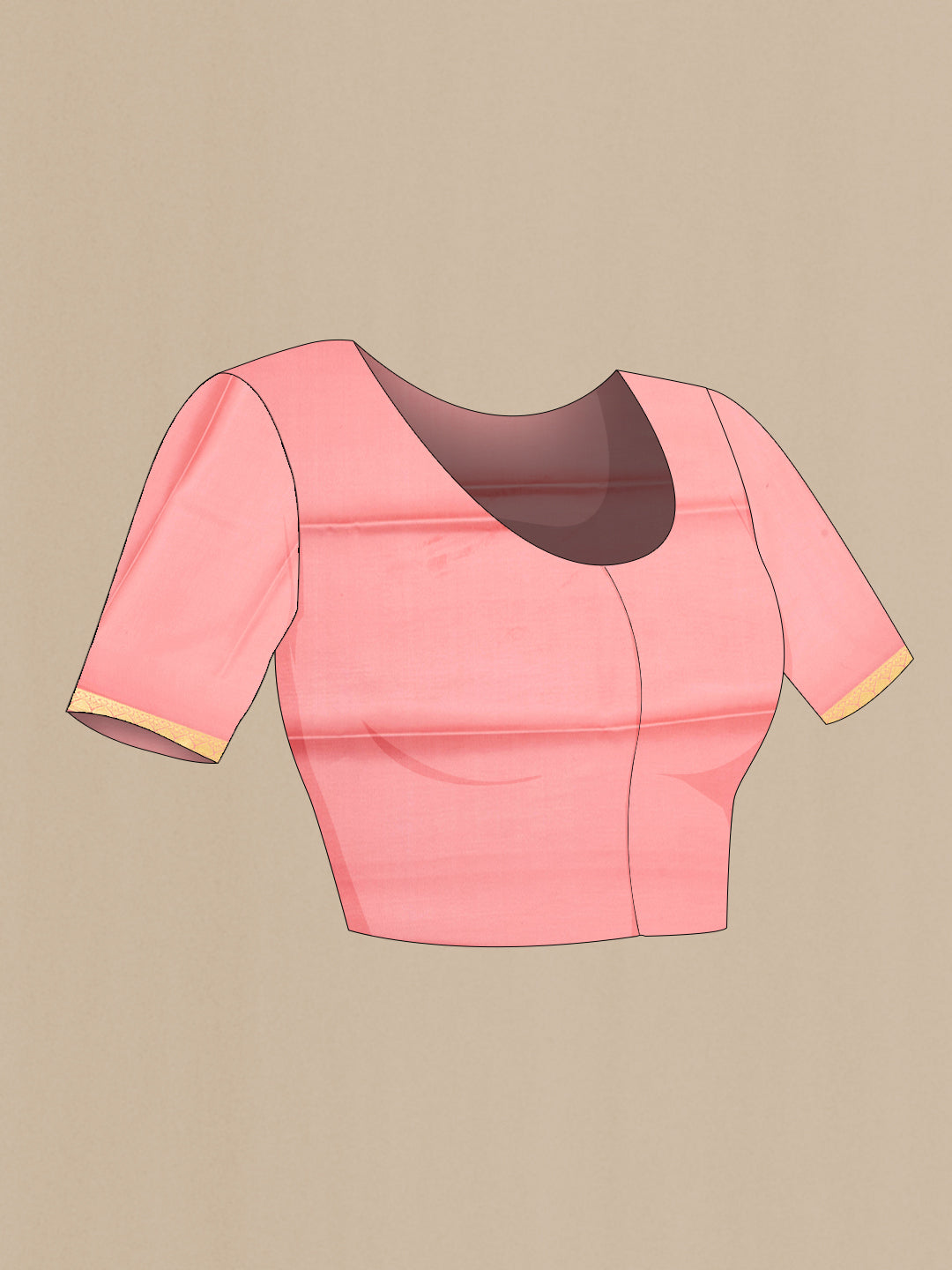 Close up image of the blouse of Peach Mysore Crepe Saree with Plain Body and Zari Border. 