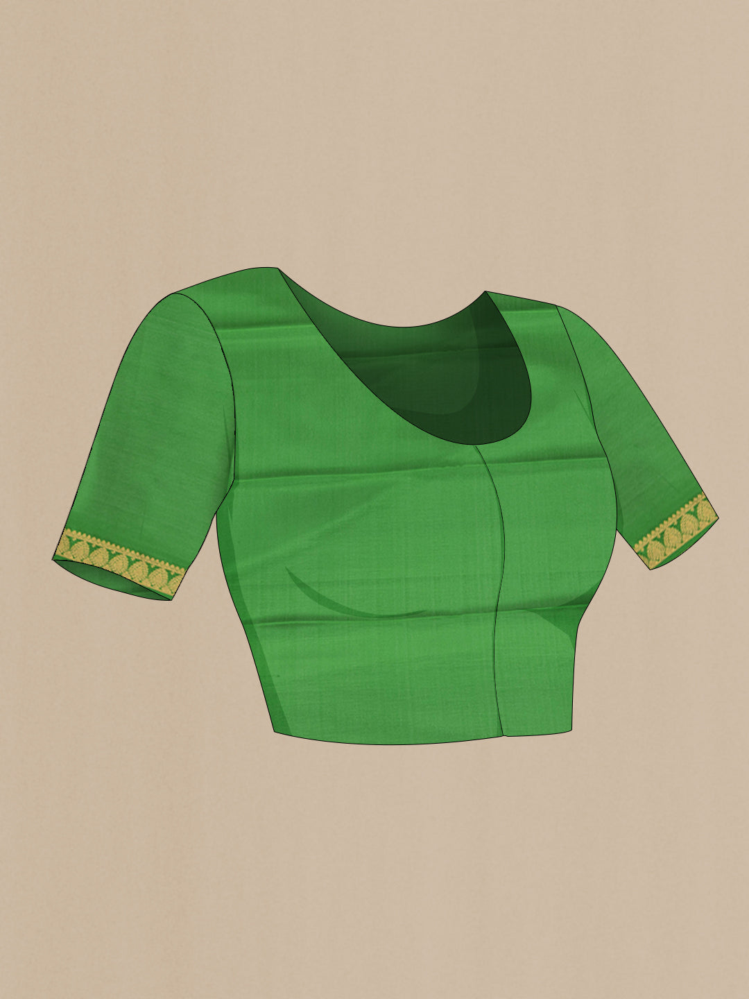 Close up image of the blouse of Green Mysore Silk Saree with Plain Body and Zari Border. 