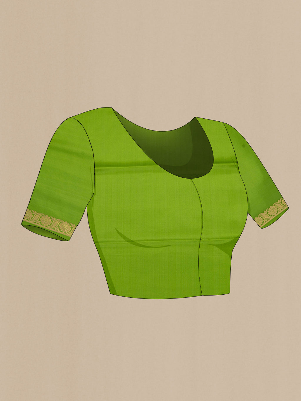 Close up image of the blouse of Parrot Green Mysore Silk Saree with Plain Body and Zari Border. 