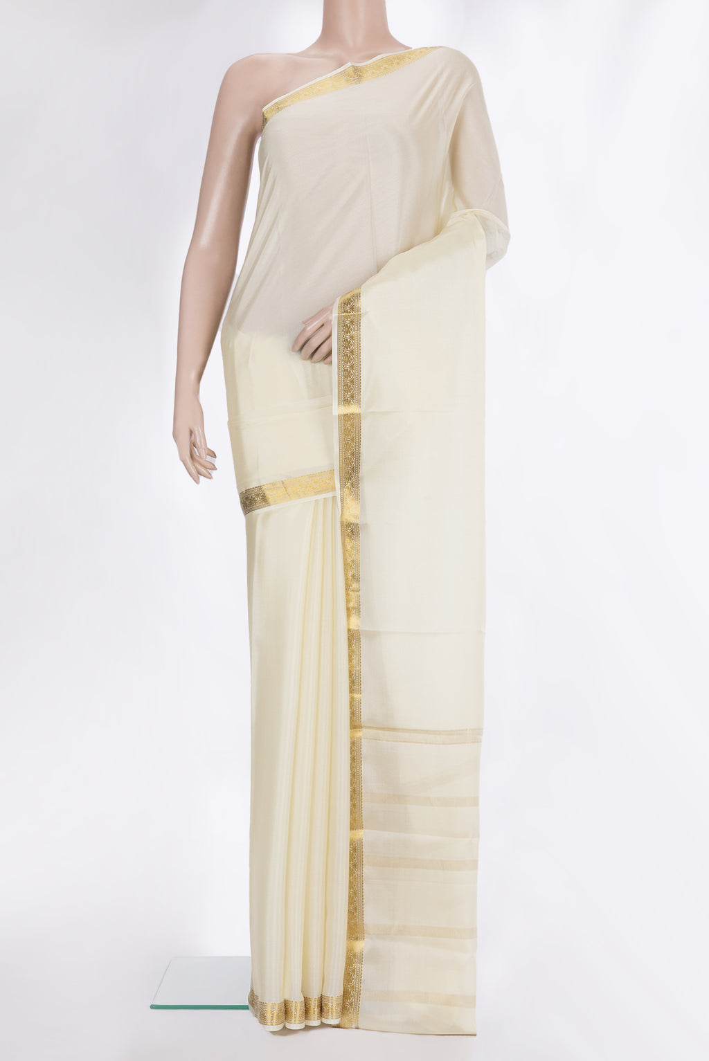 Off White Mysore Crepe Saree with Plain Body and Zari Border.  displayed on a mannequin