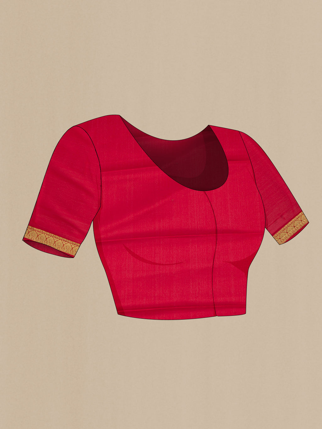 Close up image of the blouse of Red Mysore Silk Saree with Plain Body and Zari Border. 