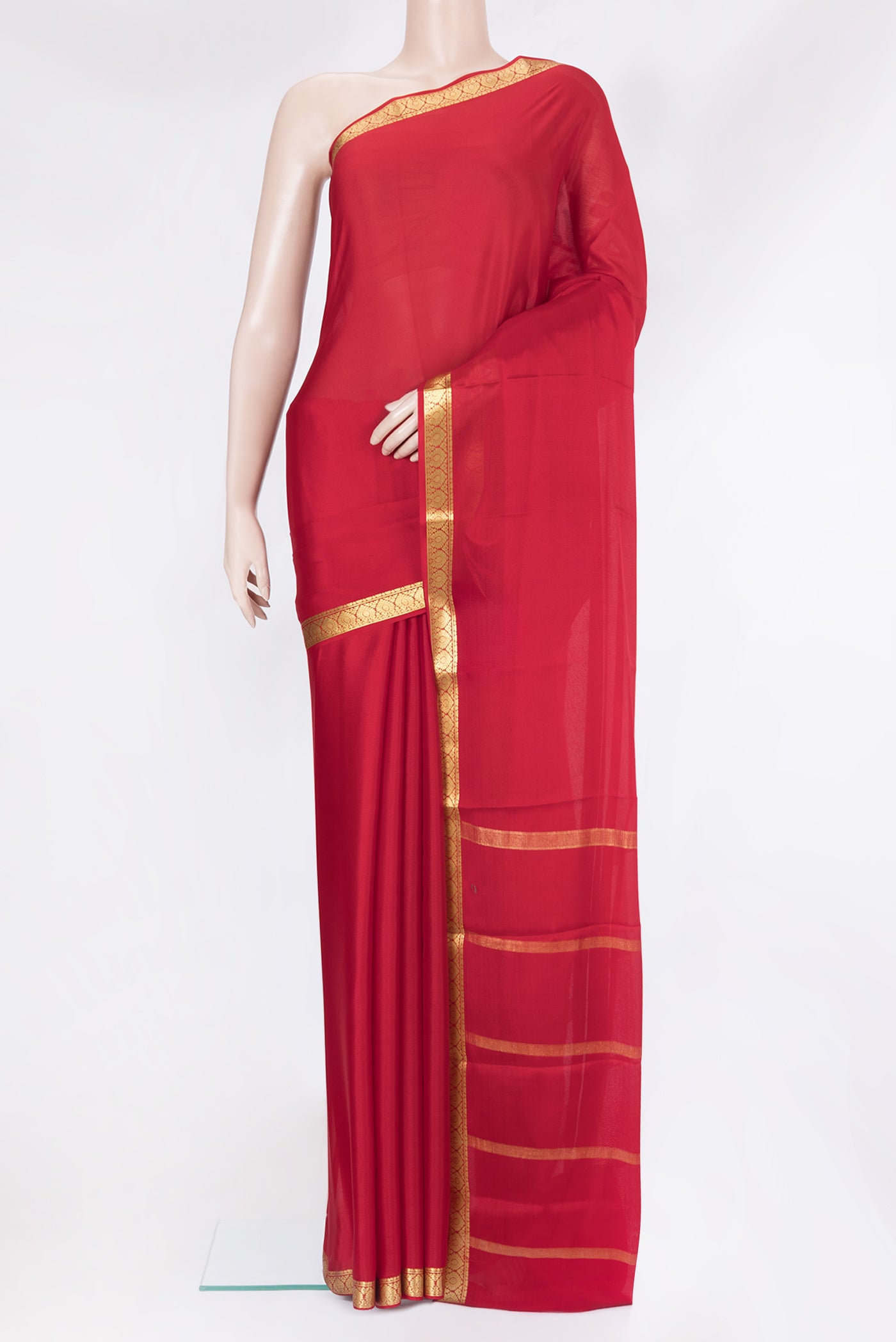 Red Mysore Silk Saree with Plain Body and Zari Border.  displayed on a mannequin