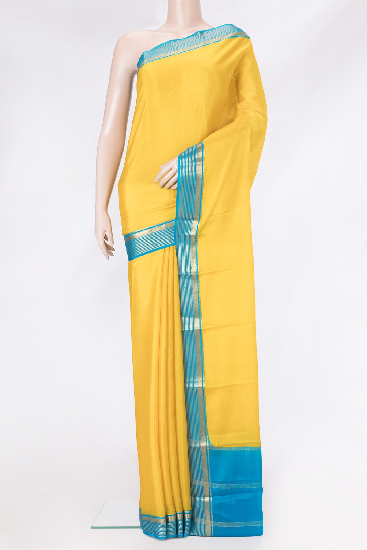 Yellow Dual Tone Mysore Silk Saree with Plain Body and Zari Border.  displayed on a mannequin