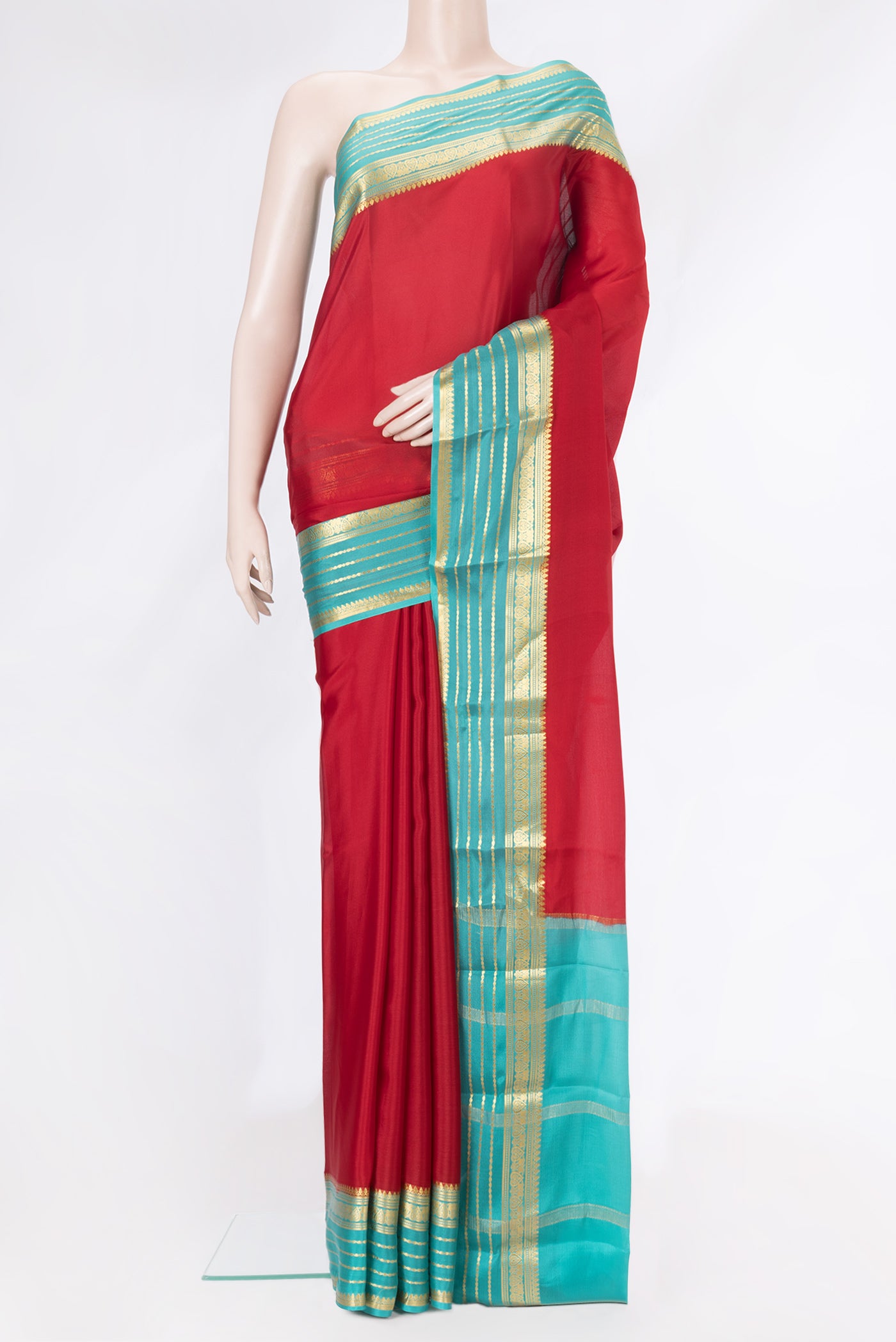 Red Dual Tone Mysore Silk Saree with Plain Body and Zari Border.  displayed on a mannequin