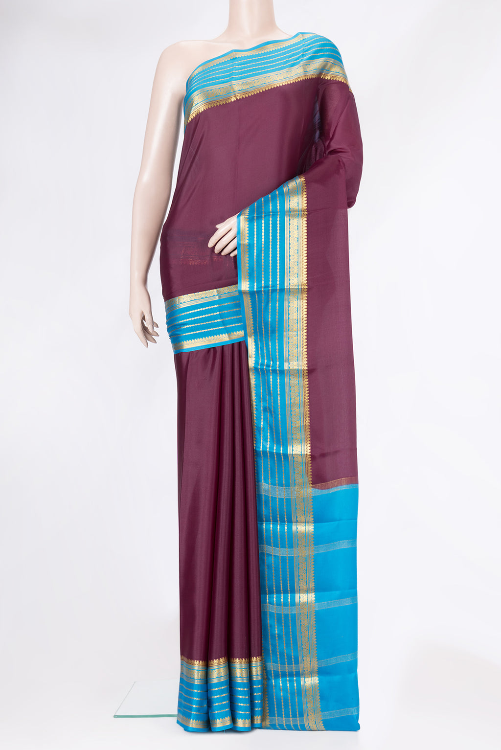 Burgundy Dual Tone Mysore Silk Saree with Plain Body and Zari Border.  displayed on a mannequin