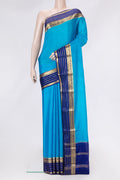 Sky Blue Dual Tone Mysore Silk Saree with Plain Body and Zari Border.  displayed on a mannequin