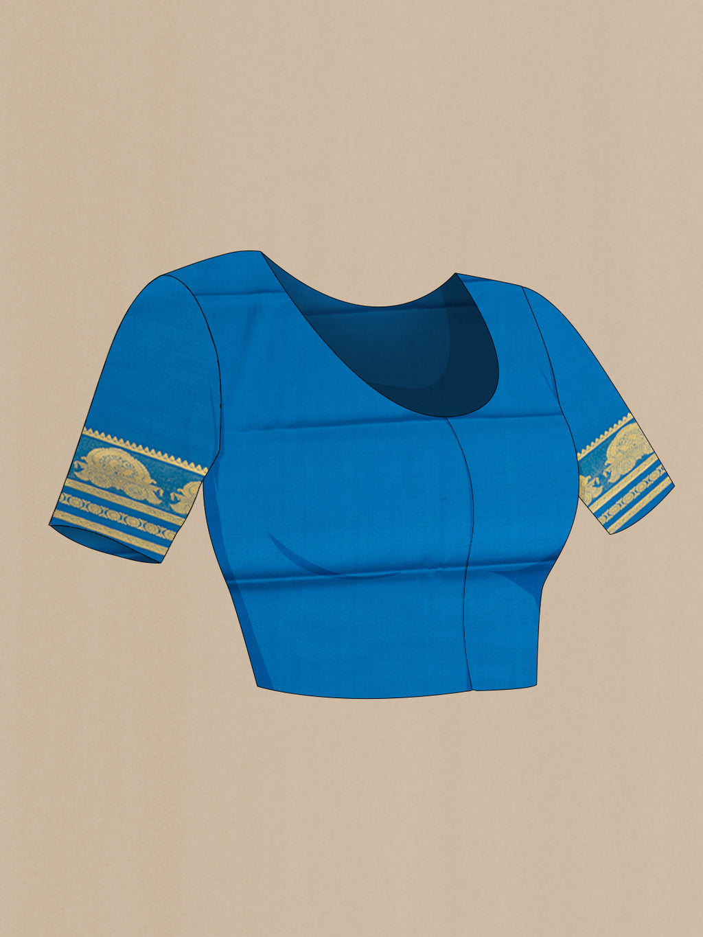 Close up image of the blouse of Royal Blue Mysore Crepe Saree with Plain Body and Zari Border. 
