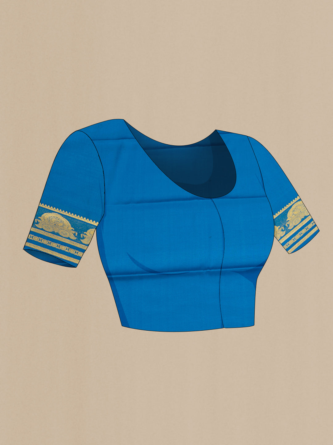 Close up image of the blouse of Royal Blue Mysore Crepe Saree with Plain Body and Zari Border. 