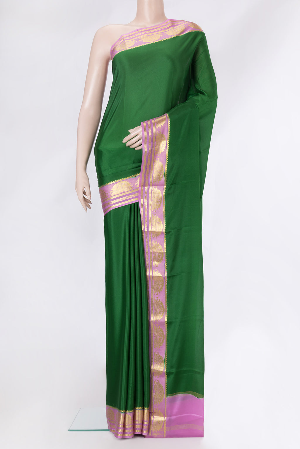 Green Dual Tone Mysore Crepe Saree with Plain Body and Zari Border.  displayed on a mannequin