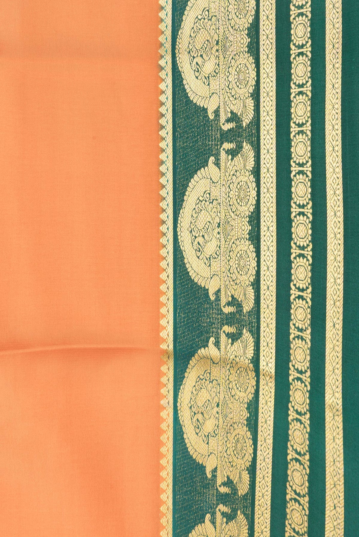 Border image of Peach Dual Tone Mysore Crepe Saree with Plain Body and Zari Border. 