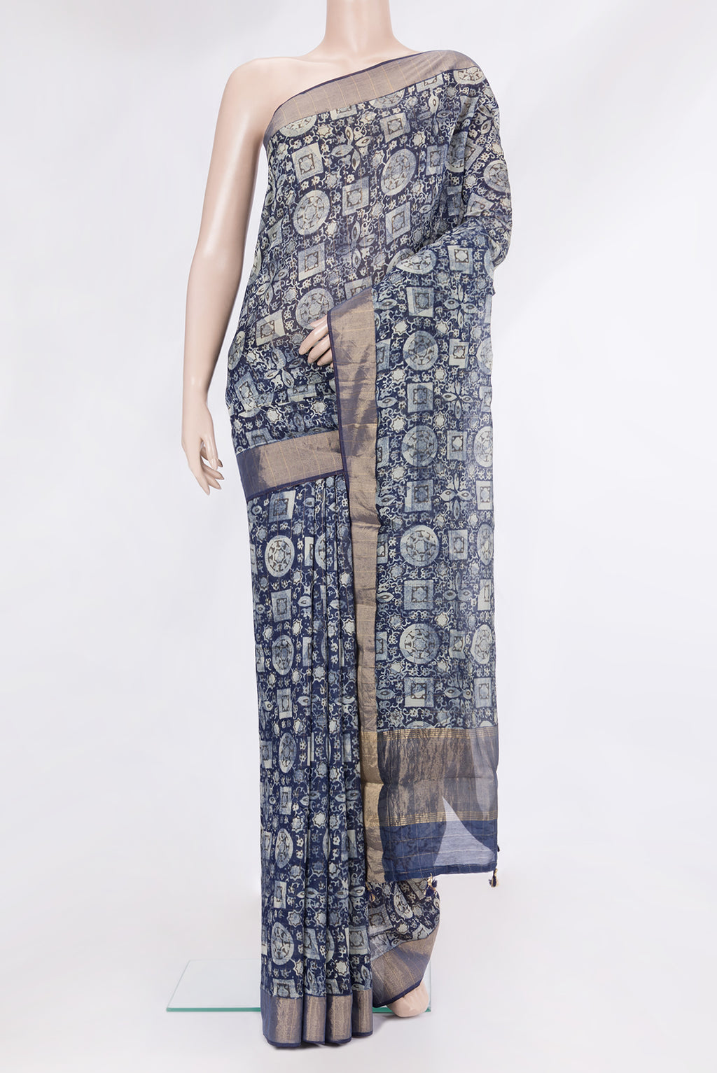 Navy Blue Dual Tone Chanderi Silk Saree with Printed design on the body and Zari Border.  displayed on a mannequin