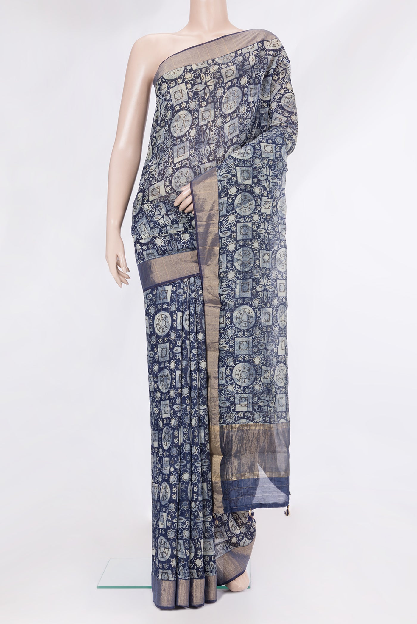 Navy Blue Dual Tone Chanderi Silk Saree with Printed design on the body and Zari Border.  displayed on a mannequin