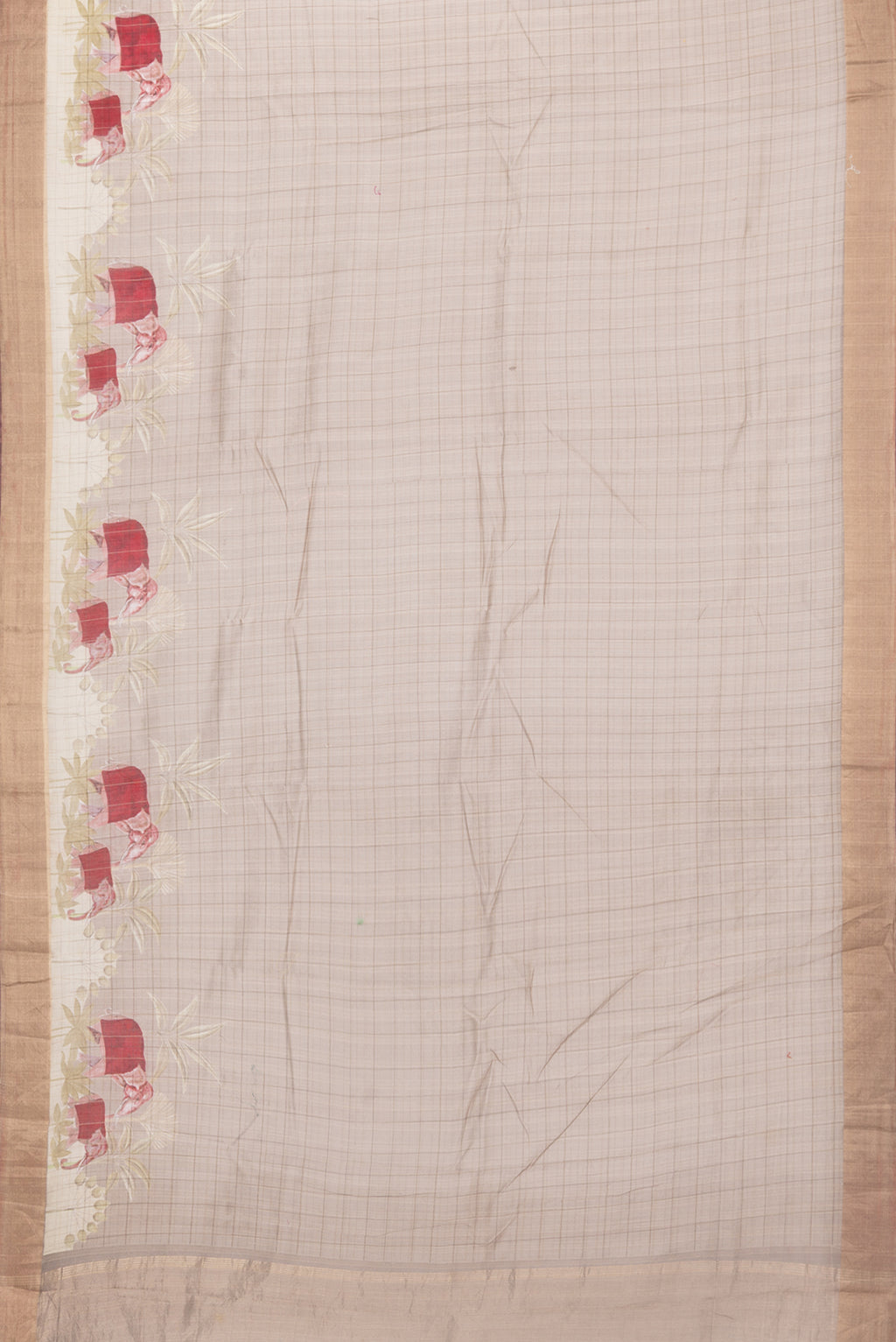 Flat view of Pure Silk Dark Beige Dual Tone Chanderi Saree with Printed design on the body and Fancy Border. 