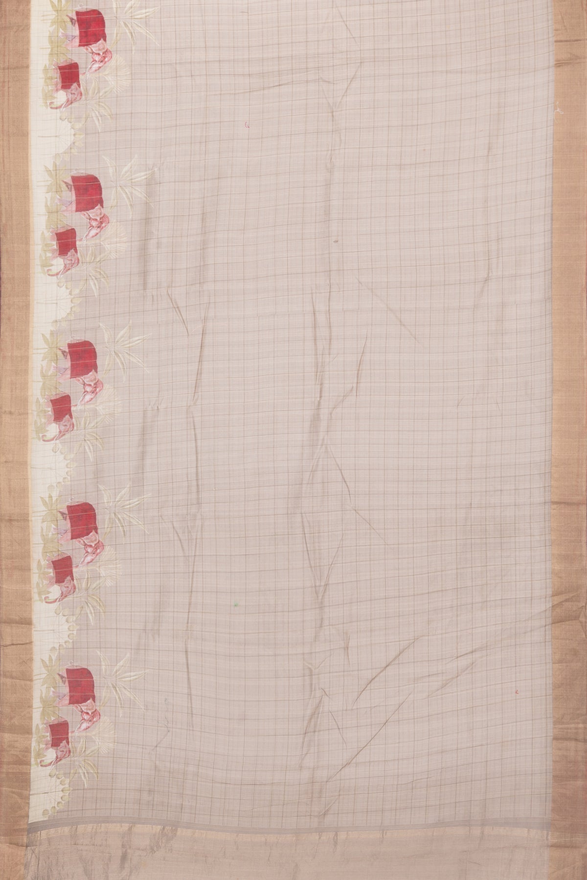 Flat view of Pure Silk Dark Beige Dual Tone Chanderi Saree with Printed design on the body and Fancy Border. 