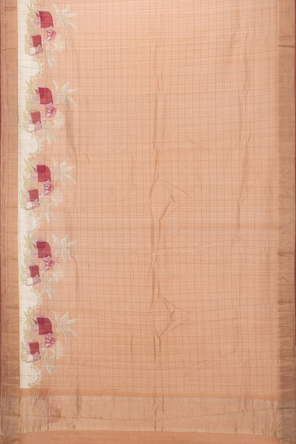 Flat view of Golden Peach Dual Tone Chanderi Silk Saree with Printed design on the body and Fancy Border. 