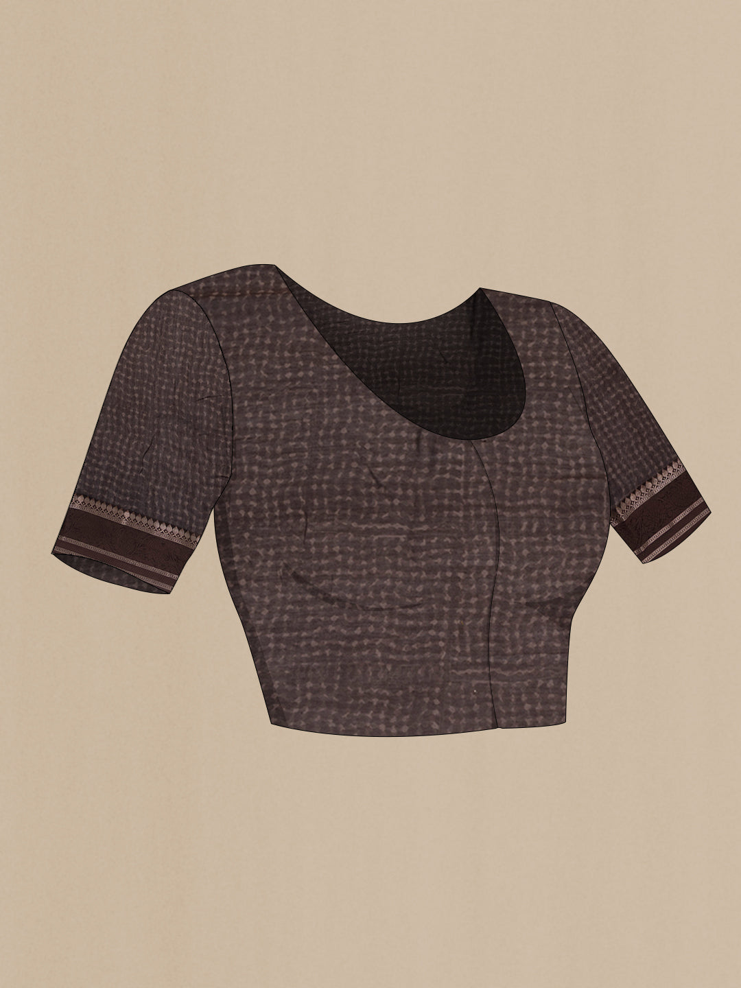 Close up image of the blouse of Pure Silk Coffee Brown Dual Tone Chanderi Saree with Printed design on the body and Zari Border. 