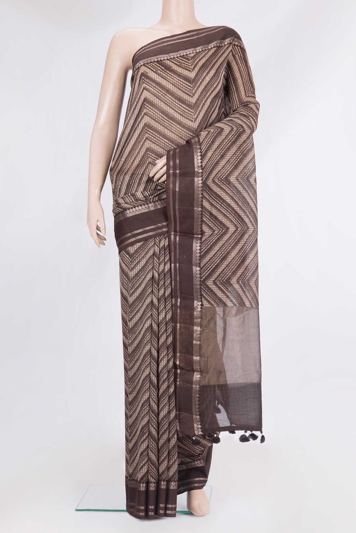 Pure Silk Coffee Brown Dual Tone Chanderi Saree with Printed design on the body and Zari Border.  displayed on a mannequin