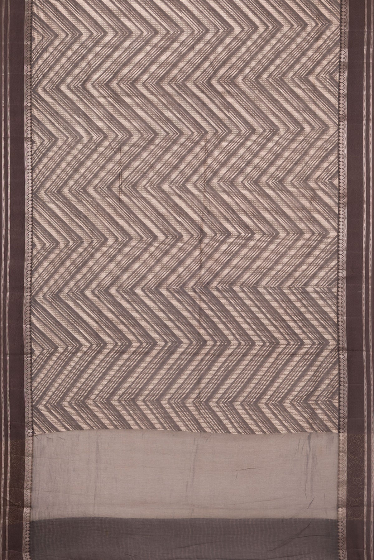 Flat view of Pure Silk Coffee Brown Dual Tone Chanderi Saree with Printed design on the body and Zari Border. 