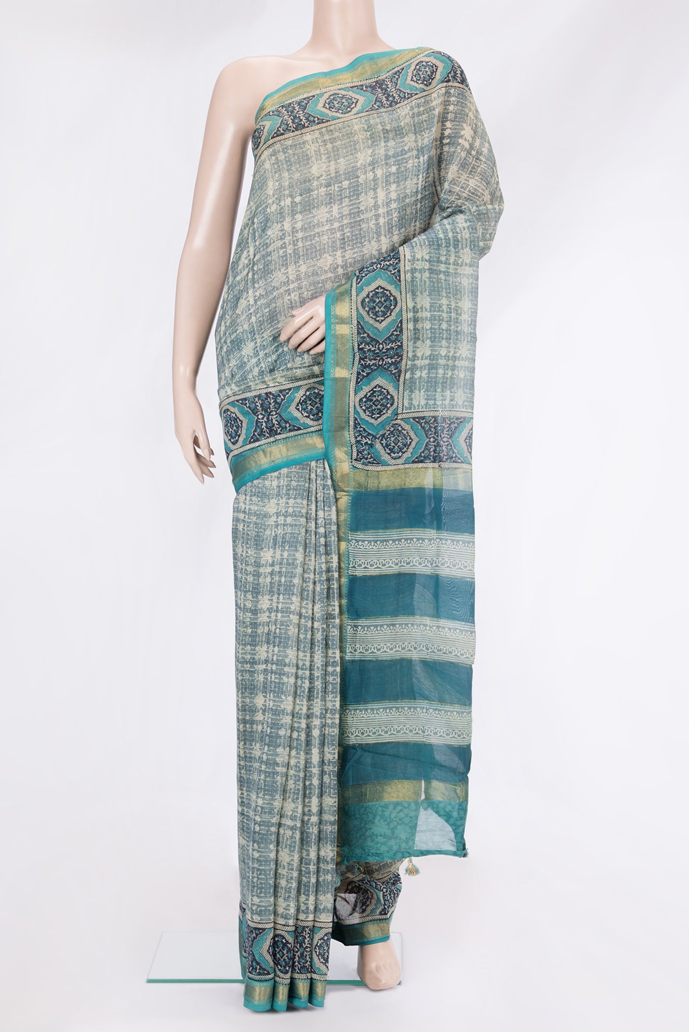 Grey Dual Tone Chanderi Silk Saree with Printed design on the body and Zari Border.  displayed on a mannequin