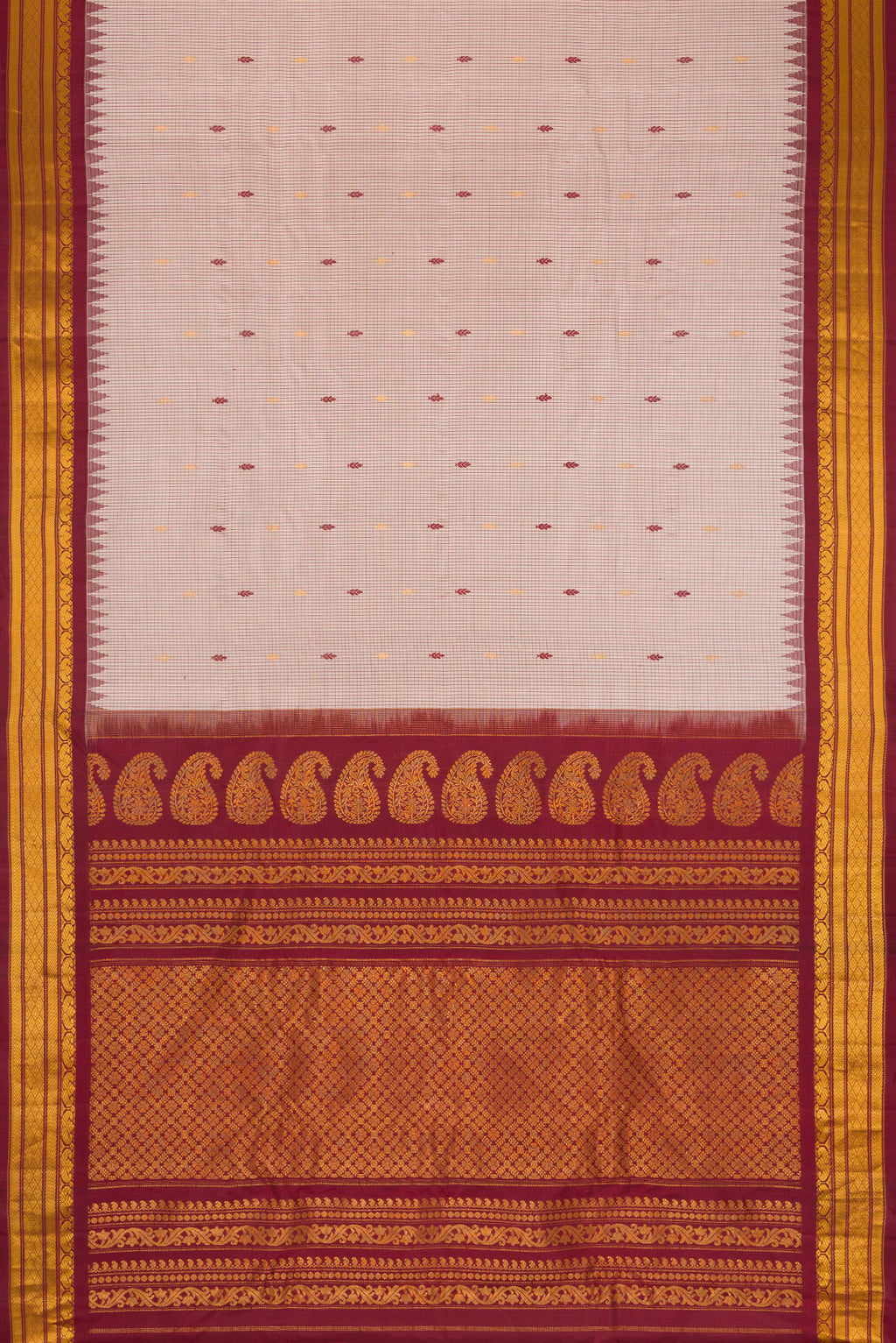 Flat view of Dark Beige Dual Tone Gadwal Silk Saree with Zari And Thread Butta on the body and Zari Border. 