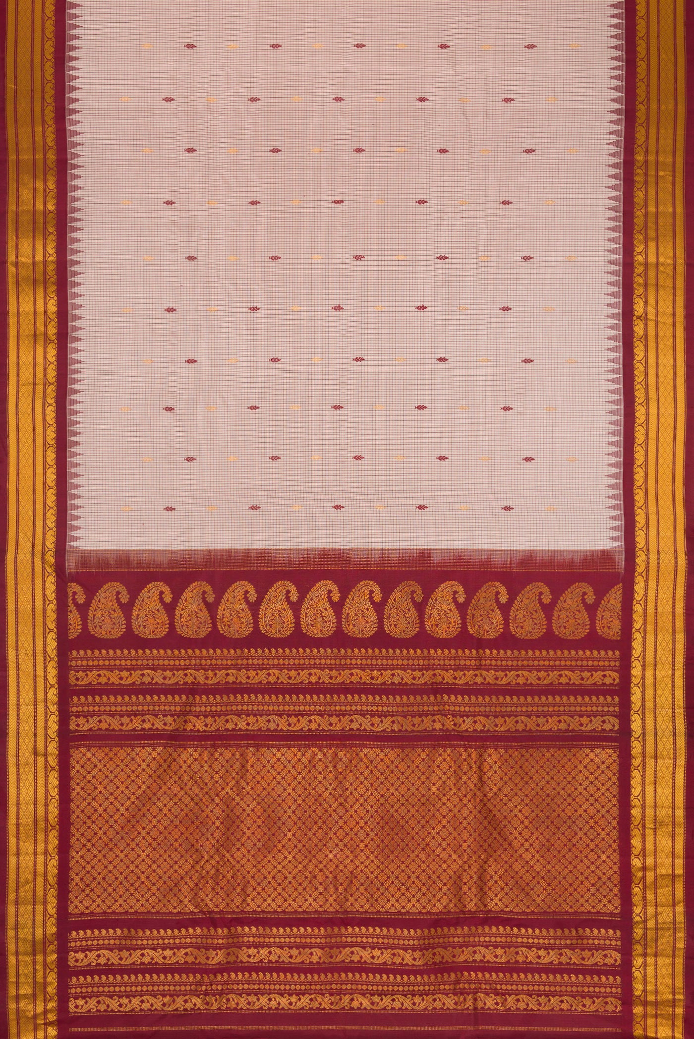 Flat view of Dark Beige Dual Tone Gadwal Silk Saree with Zari And Thread Butta on the body and Zari Border. 
