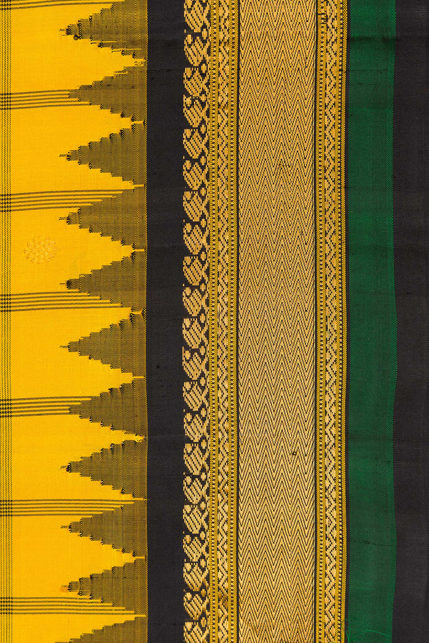 Border image of Yellow Dual Tone Gadwal Silk Saree with Checked design on the body and Temple Border. 