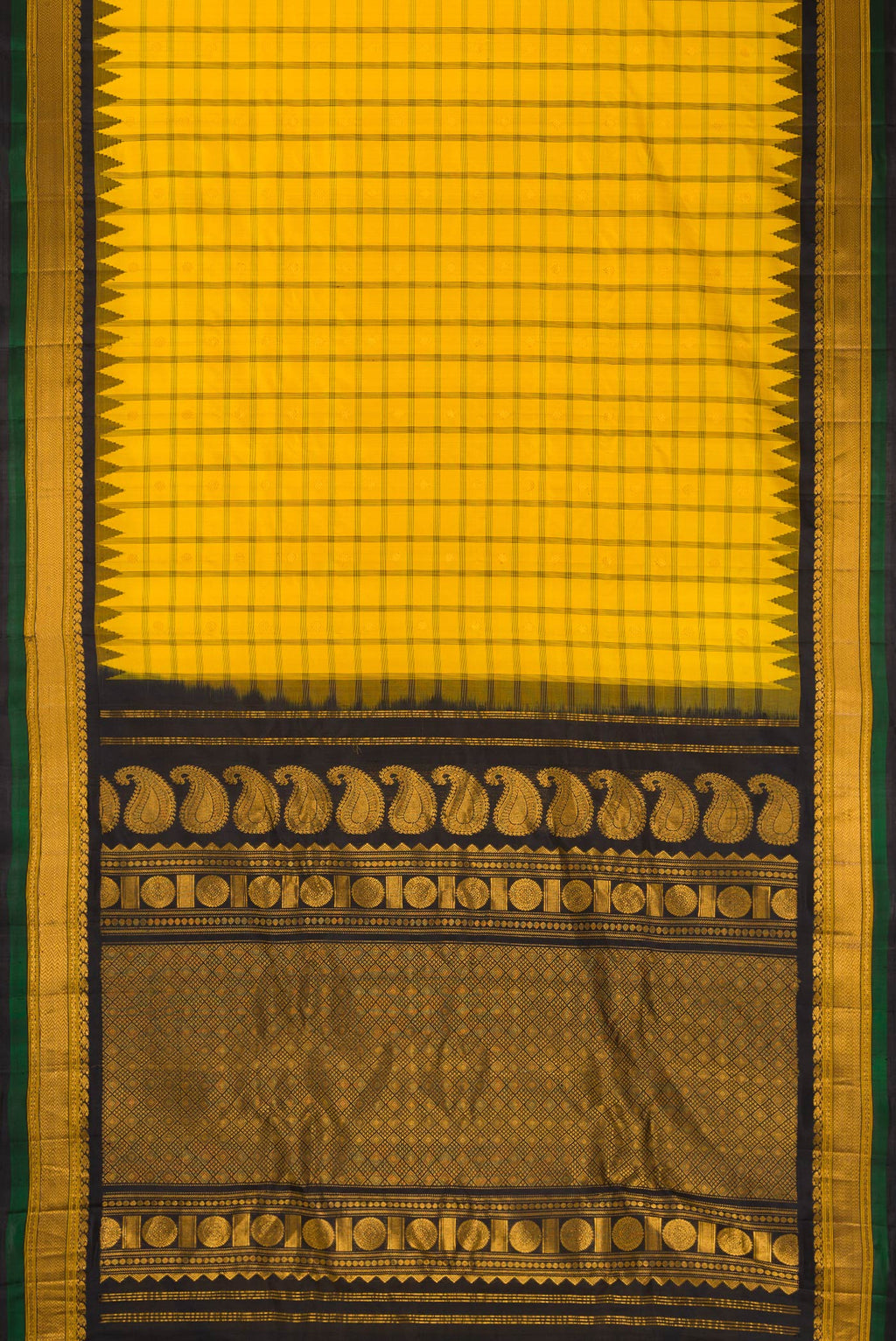 Flat view of Yellow Dual Tone Gadwal Silk Saree with Checked design on the body and Temple Border. 