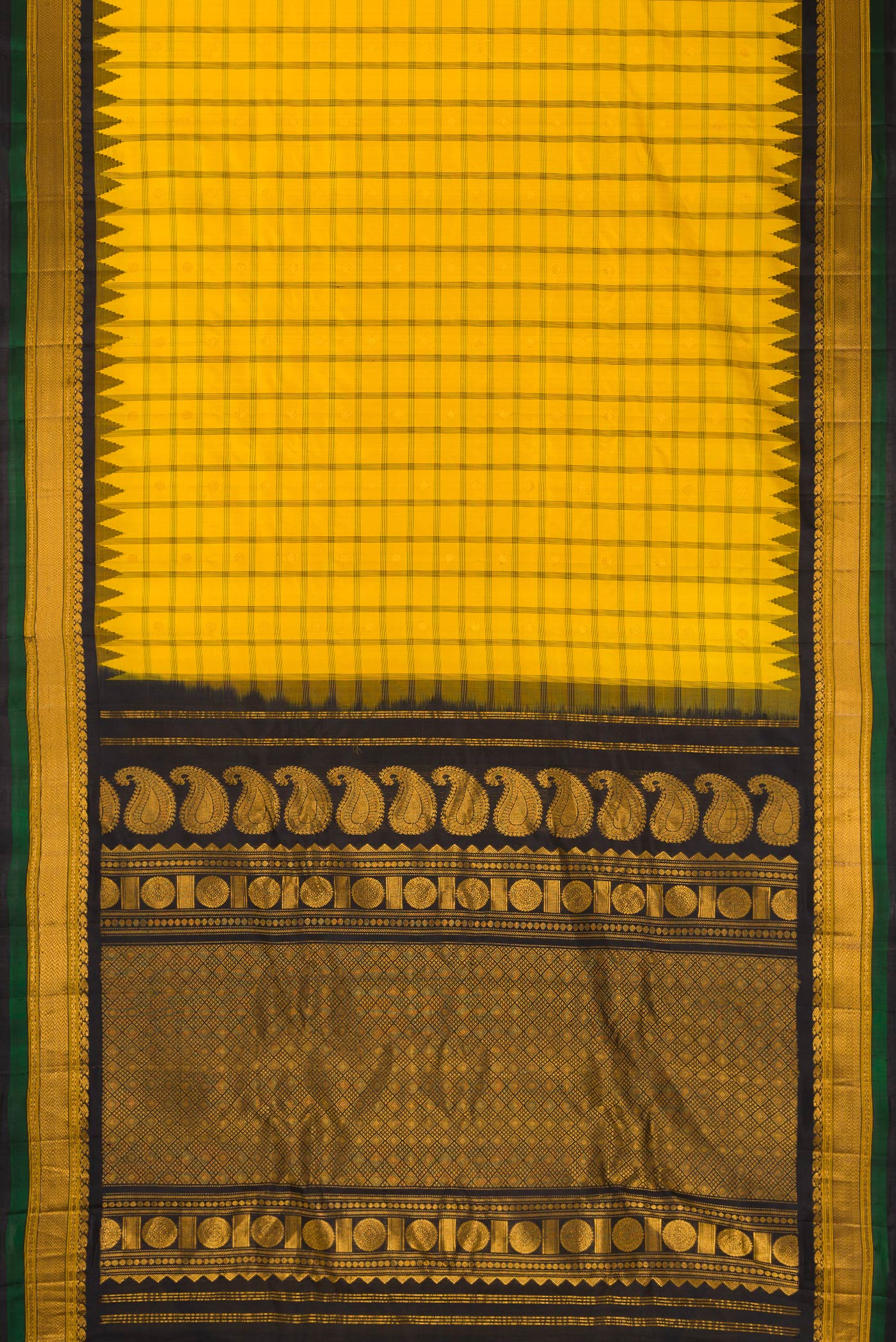 Flat view of Yellow Dual Tone Gadwal Silk Saree with Checked design on the body and Temple Border. 