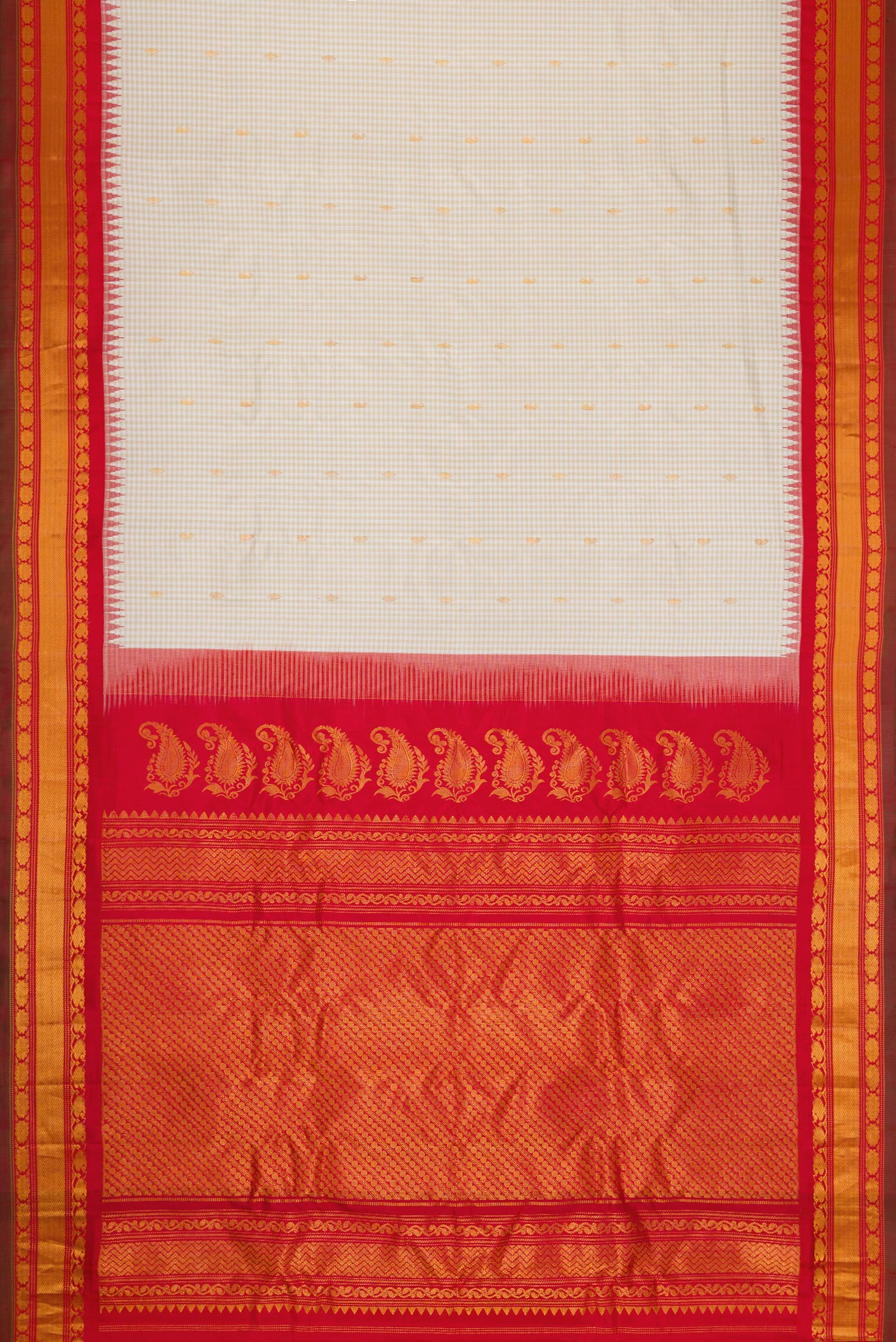 Flat view of Off White Dual Tone Gadwal Silk Saree with Zari Butta on the body and Zari Border. 